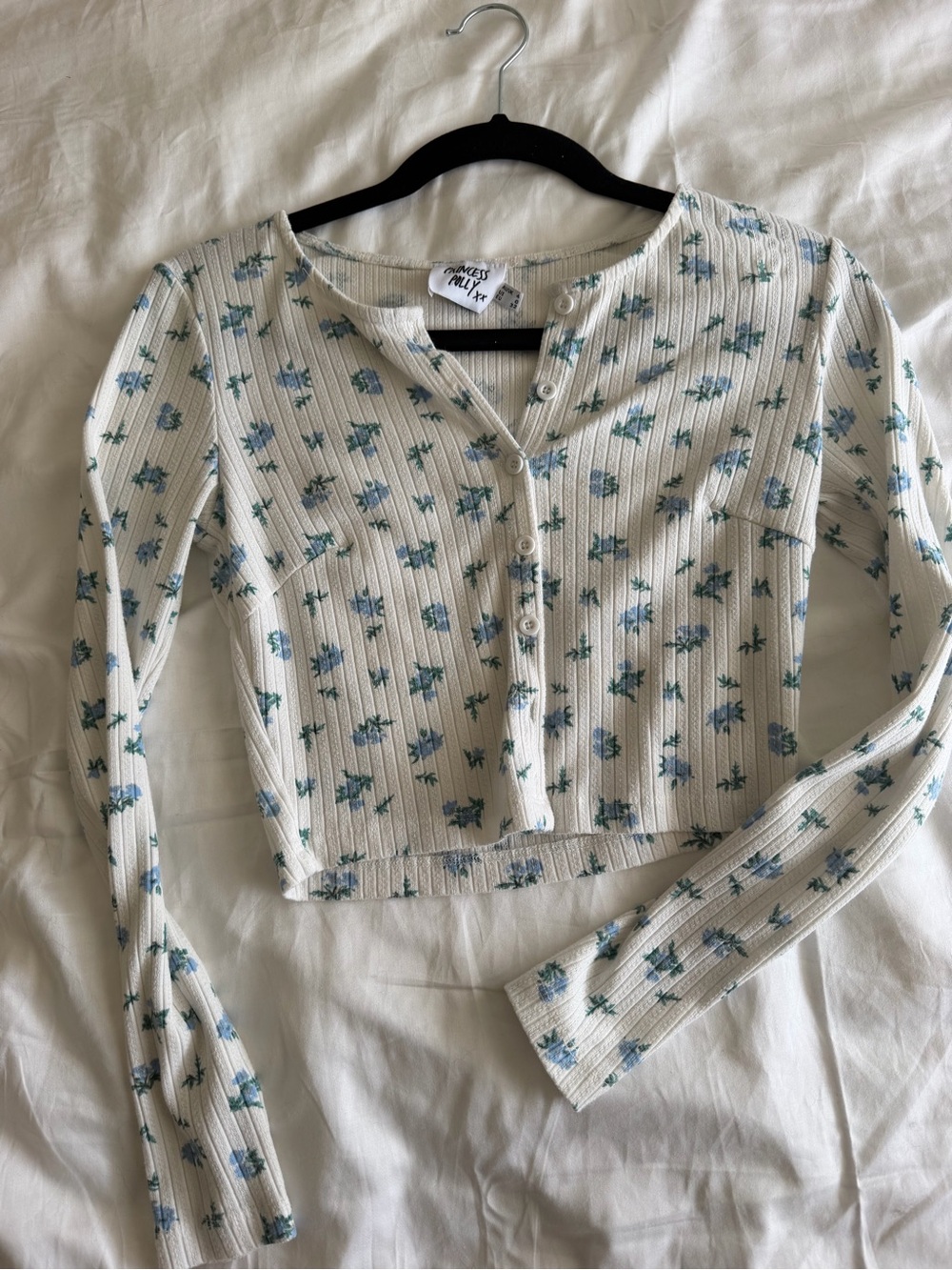Princess Polly Cream Ribbed Floral Button-Front Long Sleeve Top
